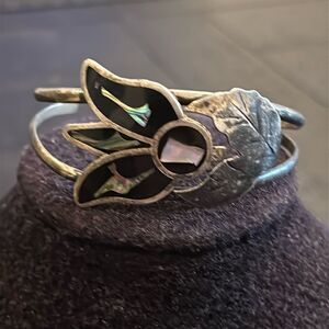 ALPACA MEXICO LADIES BANGLE BRACELET CUFF ABALONE FLOWER LEAF Silver Marked​
